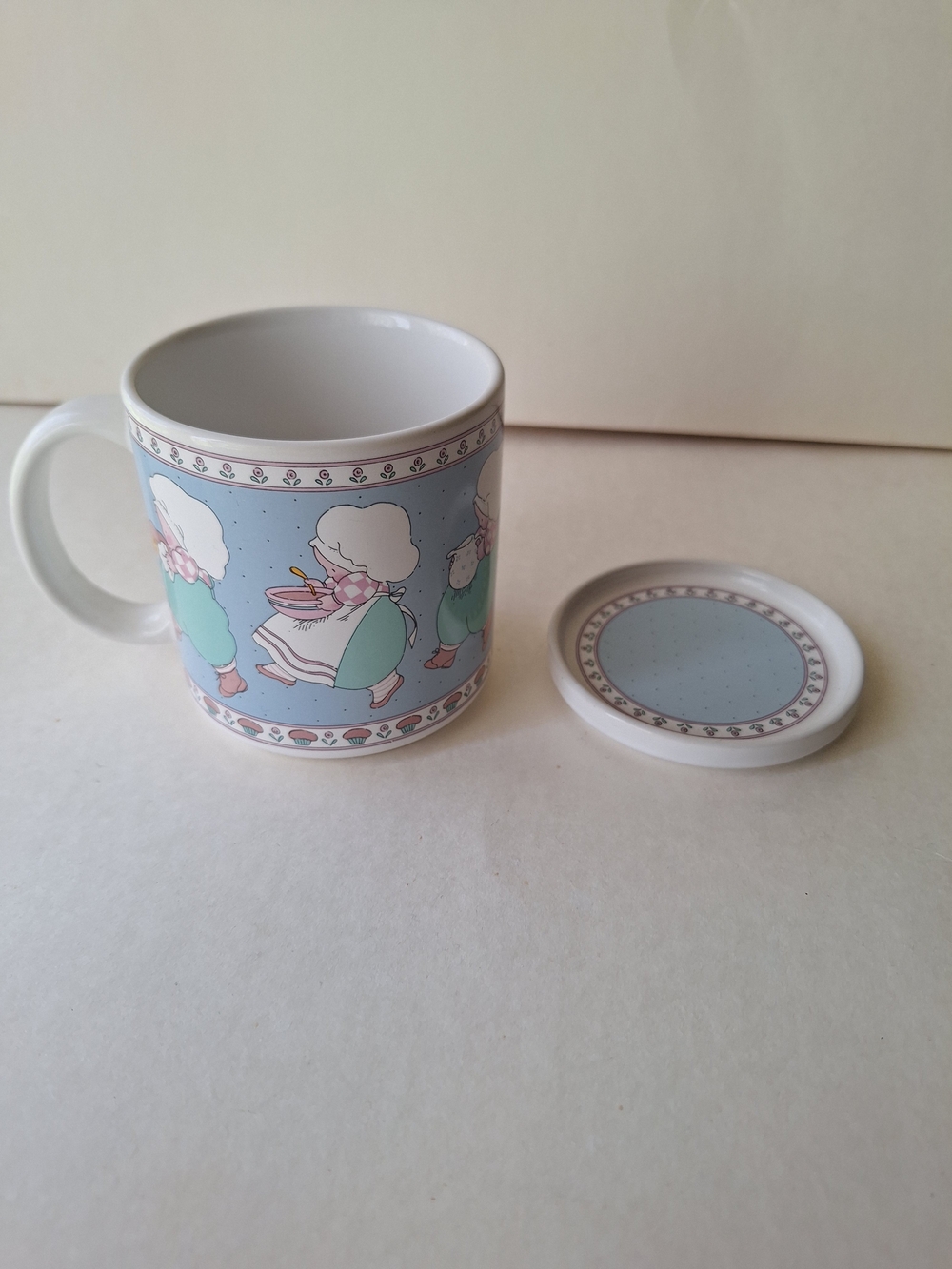 Cottagecore Granny Chic Ceramic Mug and Lid in Light Blue and White